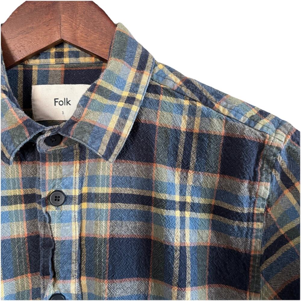 Folk Men's Size 3/Small Long Sleeve Blue Plaid Shirt Gorpcore 100% Cotton